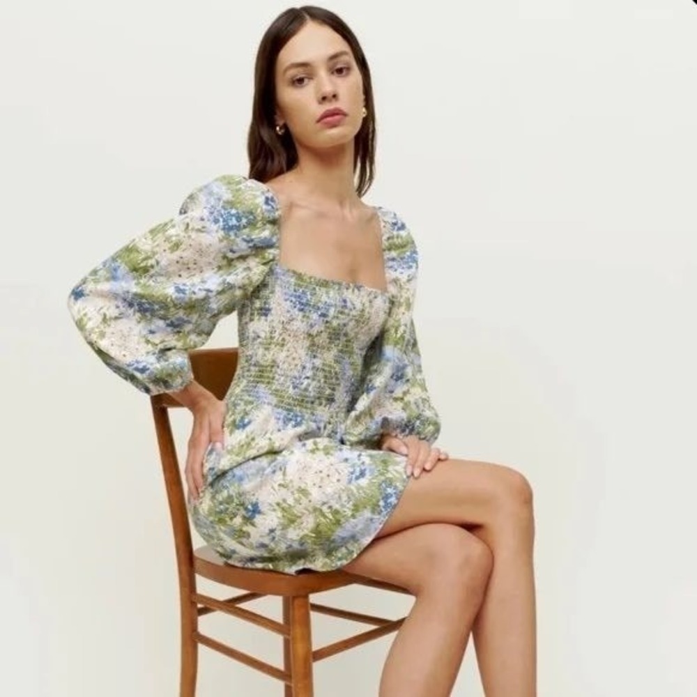 NWT Reformation Greyson Linen Mini Dress Floral Hillside Mini Dress Size Small‎